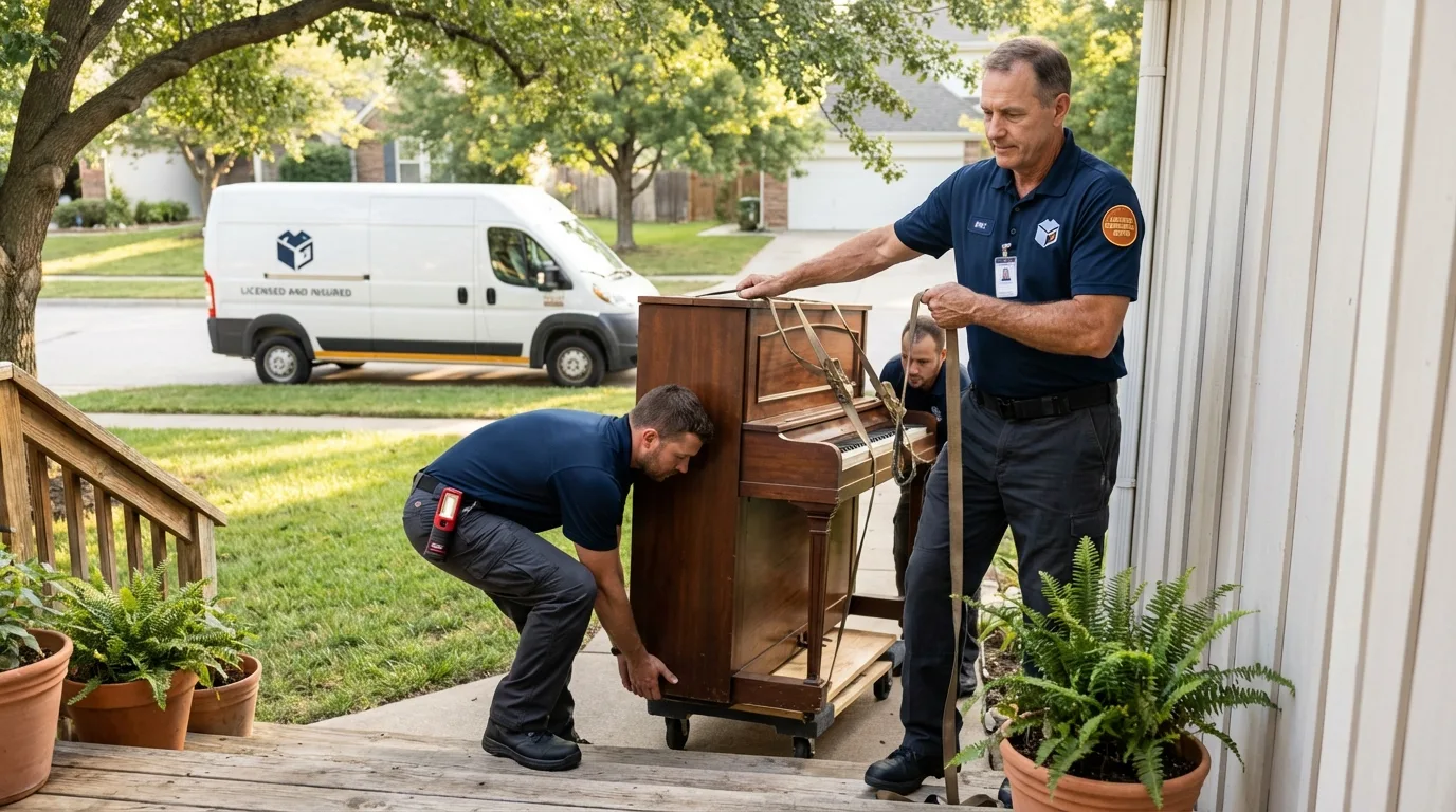 Licensed piano movers securing grand piano in Richland, NY