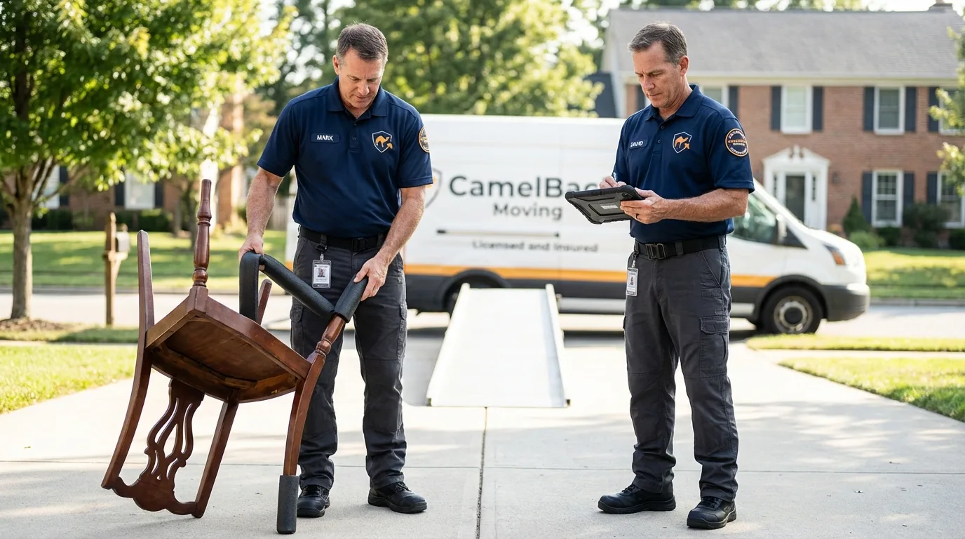 Movers inspecting furniture for damage prevention before loading in Richland, NY