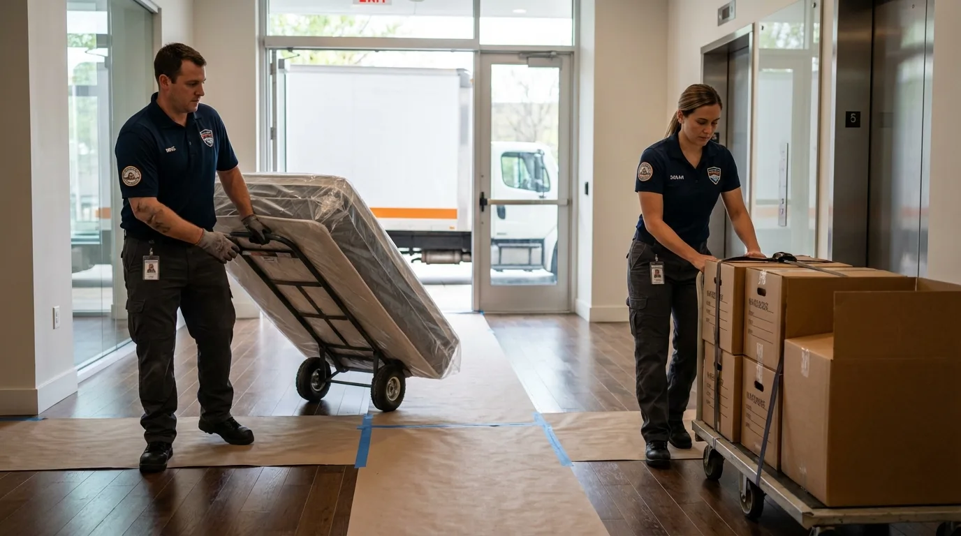 Professional apartment movers loading elevator in Richland, NY