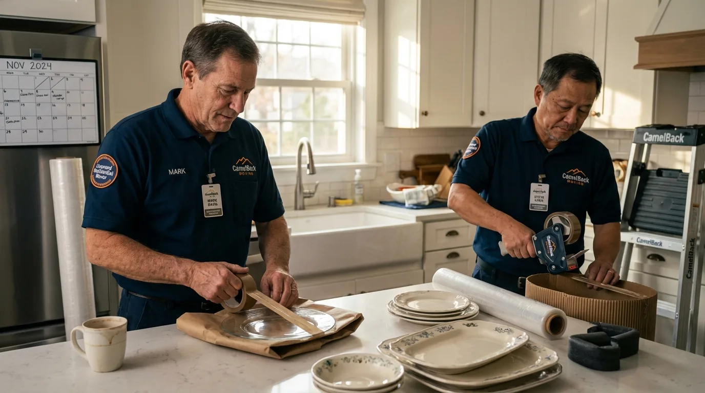 Professional crew packing kitchen dishware in Richland, NY
